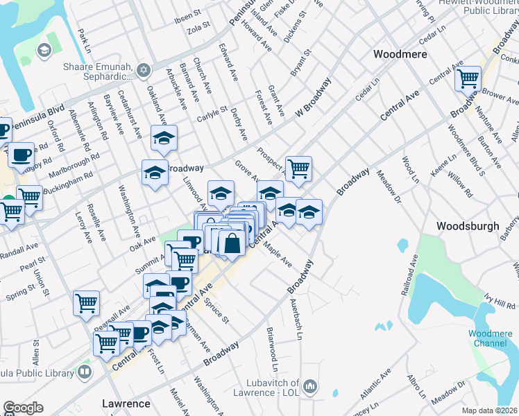 map of restaurants, bars, coffee shops, grocery stores, and more near 601 Chestnut Street in Cedarhurst