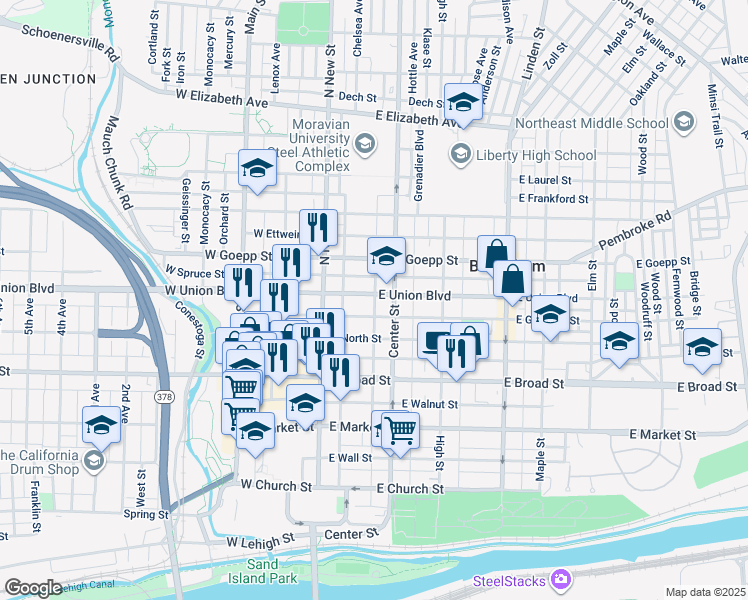 map of restaurants, bars, coffee shops, grocery stores, and more near 56 East Union Boulevard in Bethlehem