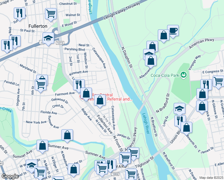 map of restaurants, bars, coffee shops, grocery stores, and more near 1231 Catasauqua Road in Fullerton