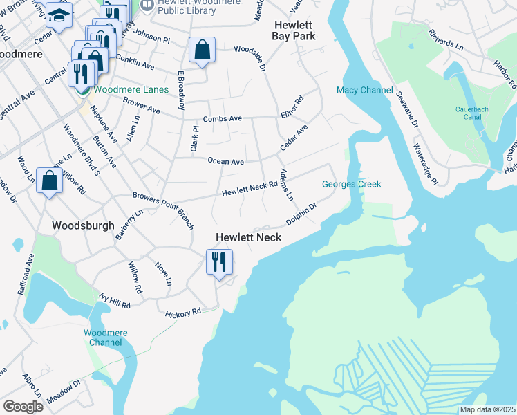 map of restaurants, bars, coffee shops, grocery stores, and more near 925 Monroe Lane in Woodmere