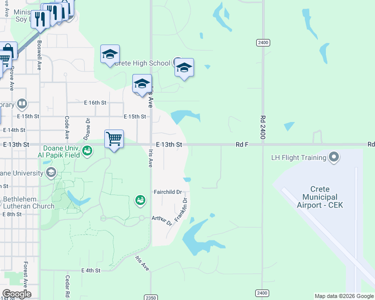 map of restaurants, bars, coffee shops, grocery stores, and more near 1951 East 13th Street in Crete