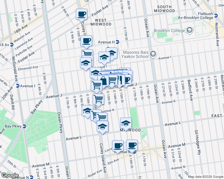 map of restaurants, bars, coffee shops, grocery stores, and more near 1318 Avenue J in Brooklyn