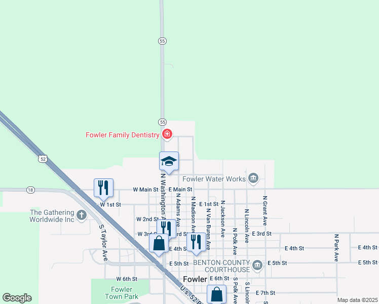 map of restaurants, bars, coffee shops, grocery stores, and more near 804 North Madison Avenue in Fowler