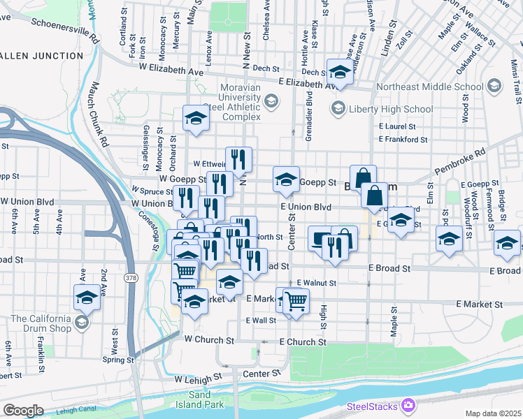 map of restaurants, bars, coffee shops, grocery stores, and more near 28 East Union Boulevard in Bethlehem