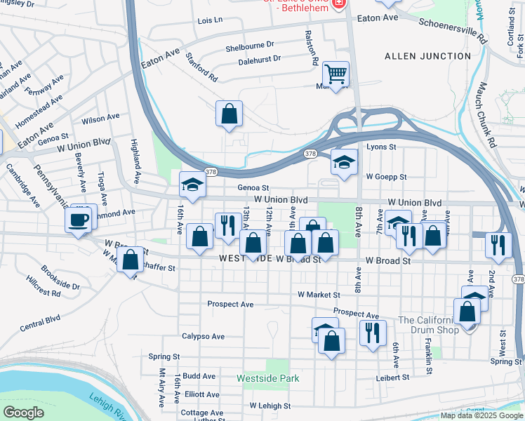 map of restaurants, bars, coffee shops, grocery stores, and more near 729 12th Avenue in Bethlehem