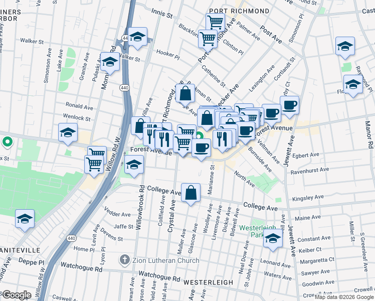 map of restaurants, bars, coffee shops, grocery stores, and more near 1579 Forest Avenue in Staten Island