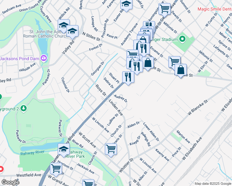 map of restaurants, bars, coffee shops, grocery stores, and more near 2423 Saint Georges Avenue in Rahway
