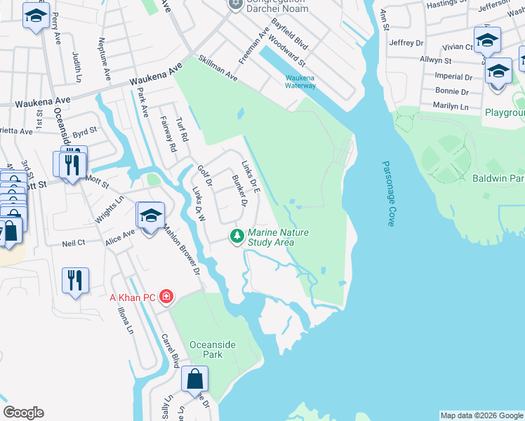 map of restaurants, bars, coffee shops, grocery stores, and more near 501 Links Drive South in Oceanside