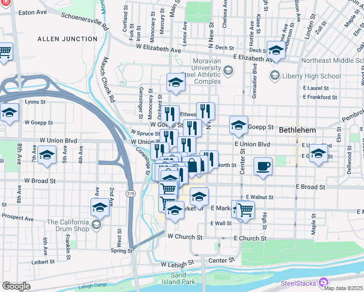 map of restaurants, bars, coffee shops, grocery stores, and more near 70 West Garrison Street in Bethlehem