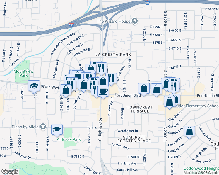 map of restaurants, bars, coffee shops, grocery stores, and more near 2029 Fort Union Boulevard in Cottonwood Heights