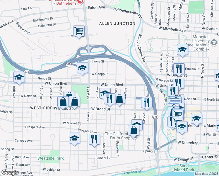 map of restaurants, bars, coffee shops, grocery stores, and more near 719 5th Avenue in Bethlehem