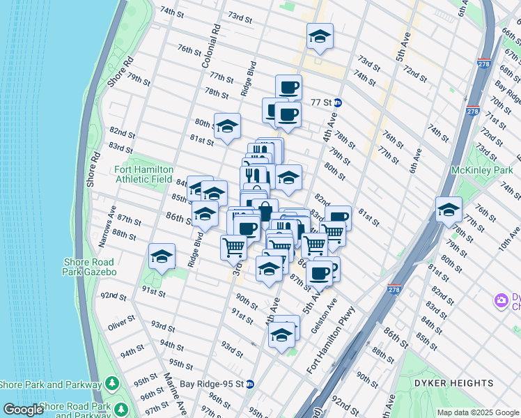 map of restaurants, bars, coffee shops, grocery stores, and more near 304 84th Street in Brooklyn