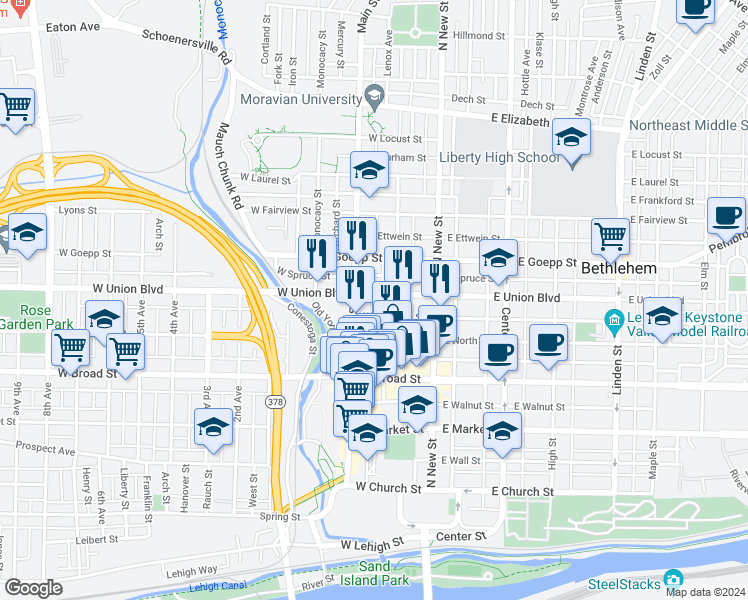 map of restaurants, bars, coffee shops, grocery stores, and more near 69 West Union Boulevard in Bethlehem