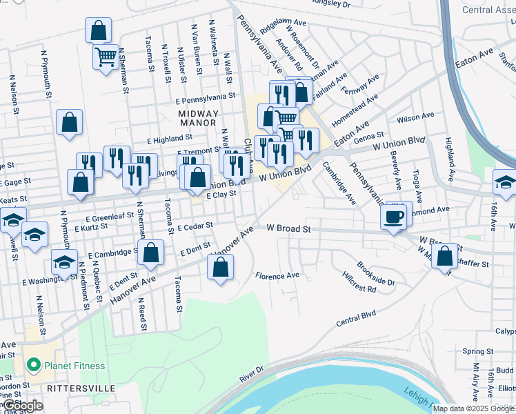 map of restaurants, bars, coffee shops, grocery stores, and more near 11 Club Avenue in Bethlehem