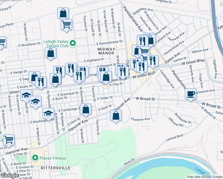map of restaurants, bars, coffee shops, grocery stores, and more near 855 North Van Buren Street in Allentown