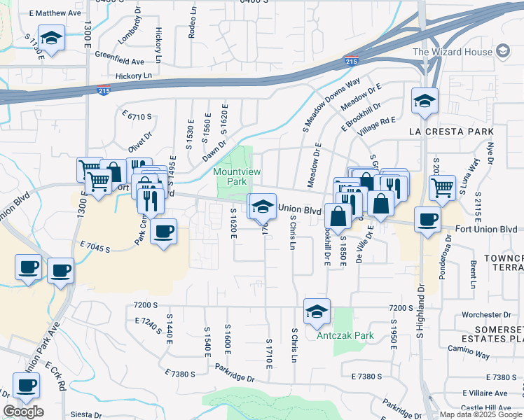 map of restaurants, bars, coffee shops, grocery stores, and more near 6958 South 1700 East in Cottonwood Heights