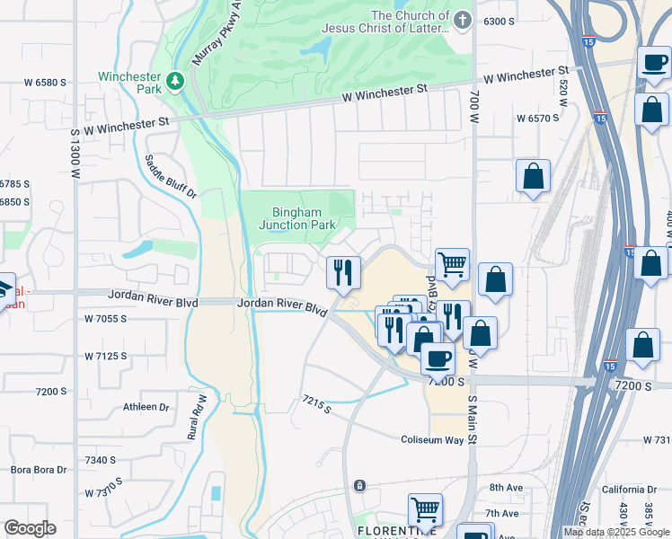 map of restaurants, bars, coffee shops, grocery stores, and more near 999 Village River Lane in Midvale