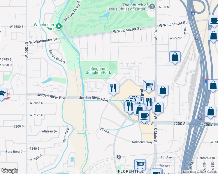 map of restaurants, bars, coffee shops, grocery stores, and more near 1019 Village River Lane in Midvale