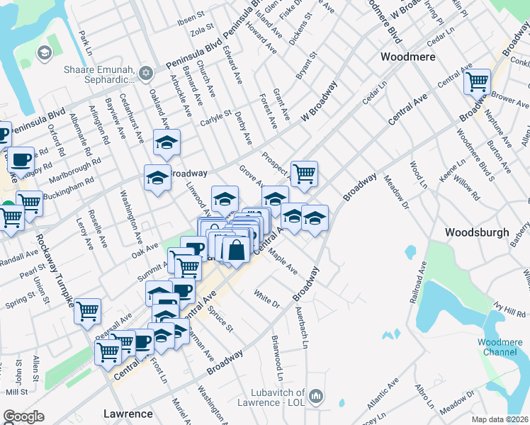 map of restaurants, bars, coffee shops, grocery stores, and more near 601 Chestnut Street in Cedarhurst