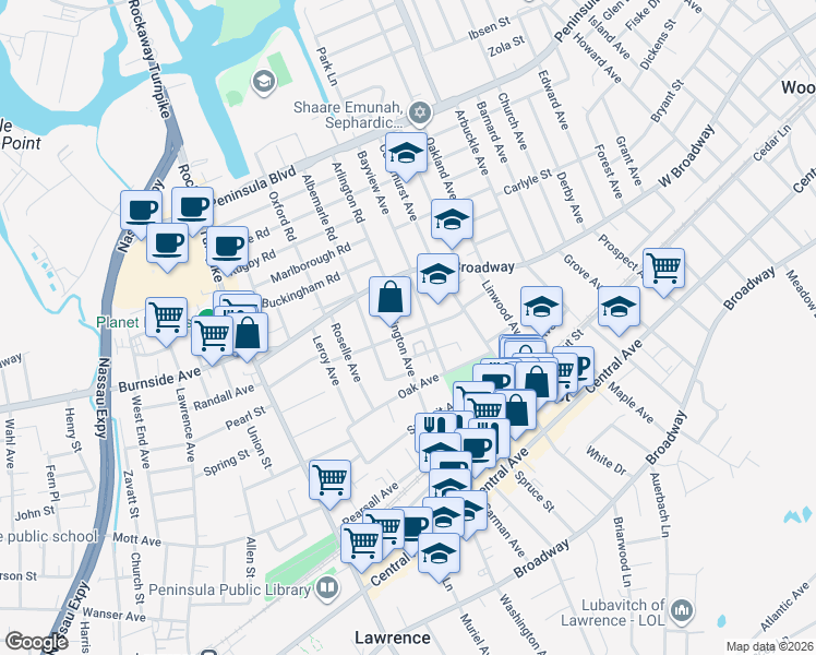 map of restaurants, bars, coffee shops, grocery stores, and more near 321 Washington Avenue in Cedarhurst