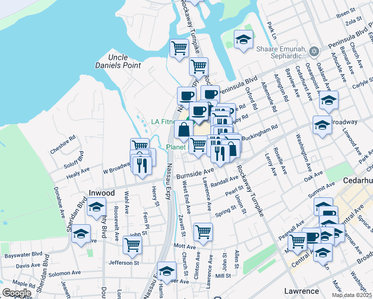 map of restaurants, bars, coffee shops, grocery stores, and more near 31 Garden Lane in Lawrence