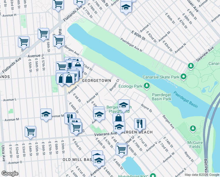 map of restaurants, bars, coffee shops, grocery stores, and more near 7206 Bergen Court in Brooklyn