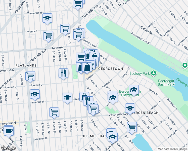 map of restaurants, bars, coffee shops, grocery stores, and more near 1234 East 69th Street in Brooklyn
