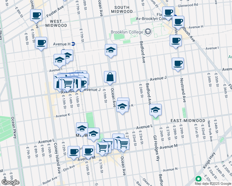 map of restaurants, bars, coffee shops, grocery stores, and more near 1535 Ocean Avenue in Brooklyn