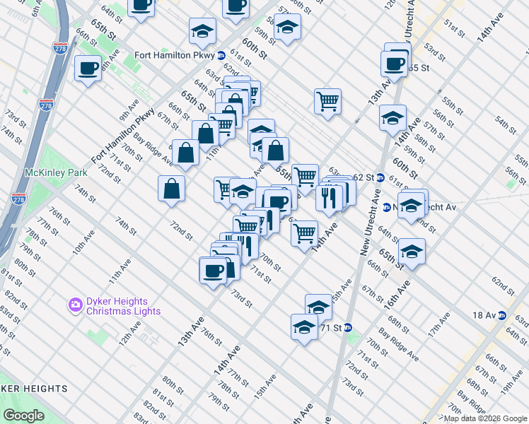 map of restaurants, bars, coffee shops, grocery stores, and more near 1263 Bay Ridge Avenue in Brooklyn