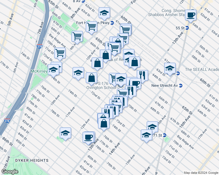 map of restaurants, bars, coffee shops, grocery stores, and more near in Brooklyn