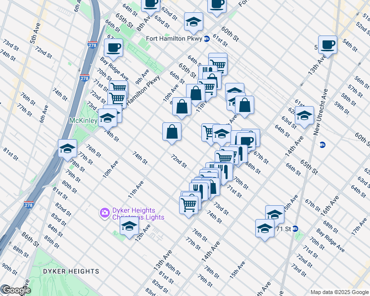 map of restaurants, bars, coffee shops, grocery stores, and more near 1142 71st Street in Brooklyn