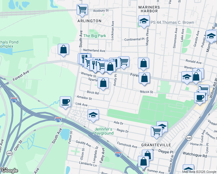map of restaurants, bars, coffee shops, grocery stores, and more near 26 Albert Court in Staten Island