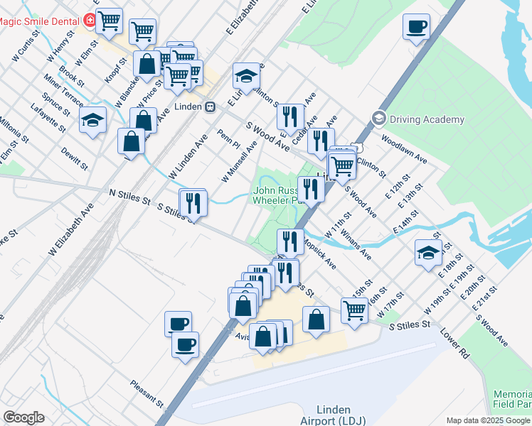 map of restaurants, bars, coffee shops, grocery stores, and more near 307 Kennedy Drive in Linden