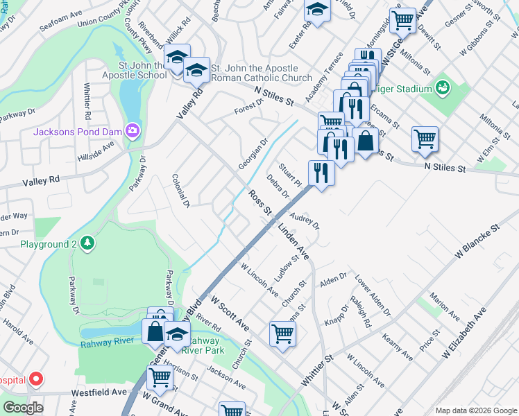 map of restaurants, bars, coffee shops, grocery stores, and more near 862 Ross Street in Rahway
