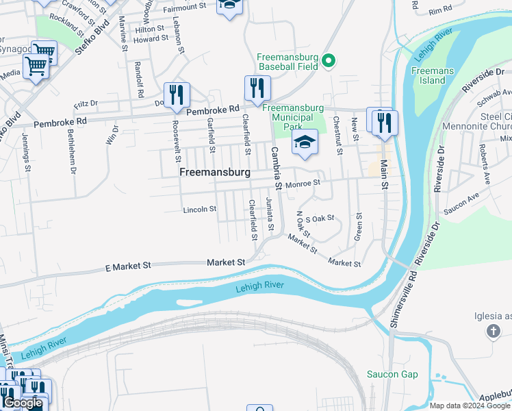 map of restaurants, bars, coffee shops, grocery stores, and more near 221 Clearfield Street in Freemansburg