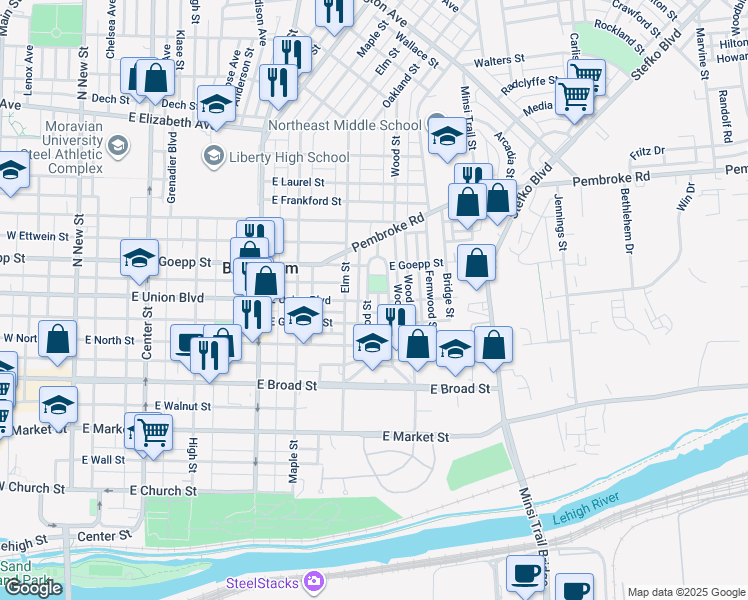 map of restaurants, bars, coffee shops, grocery stores, and more near 754 Dellwood Street in Bethlehem
