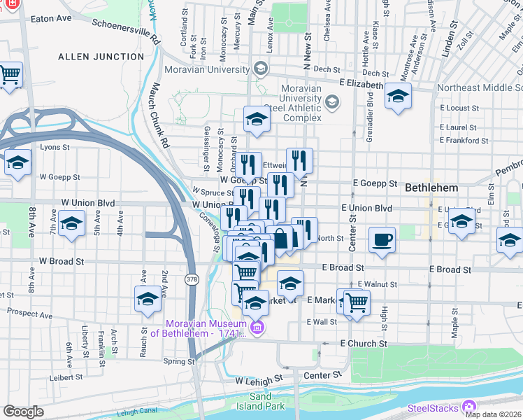 map of restaurants, bars, coffee shops, grocery stores, and more near 70 West Garrison Street in Bethlehem