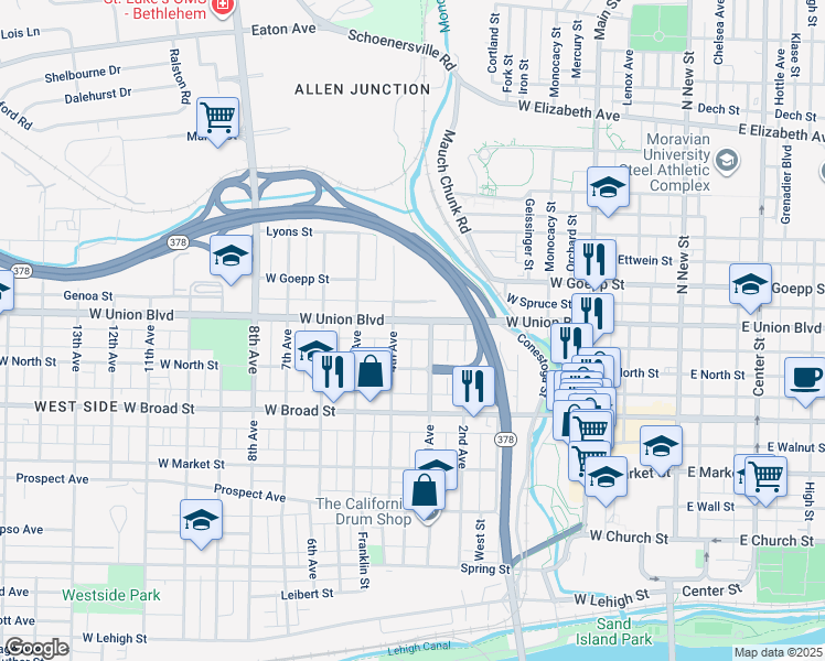 map of restaurants, bars, coffee shops, grocery stores, and more near 723 3rd Avenue in Bethlehem