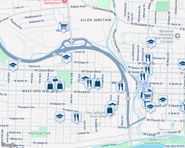 map of restaurants, bars, coffee shops, grocery stores, and more near 719 5th Avenue in Bethlehem
