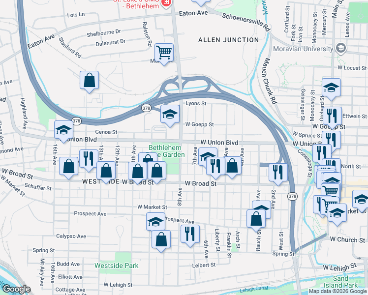 map of restaurants, bars, coffee shops, grocery stores, and more near 720 8th Avenue in Bethlehem