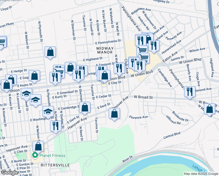 map of restaurants, bars, coffee shops, grocery stores, and more near 855 North Van Buren Street in Allentown