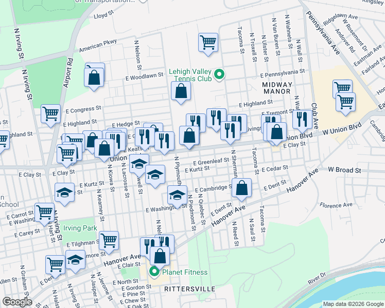 map of restaurants, bars, coffee shops, grocery stores, and more near 1609 East Greenleaf Street in Allentown