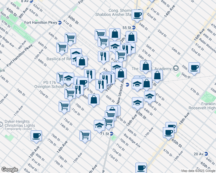 map of restaurants, bars, coffee shops, grocery stores, and more near 6507 14th Avenue in Brooklyn