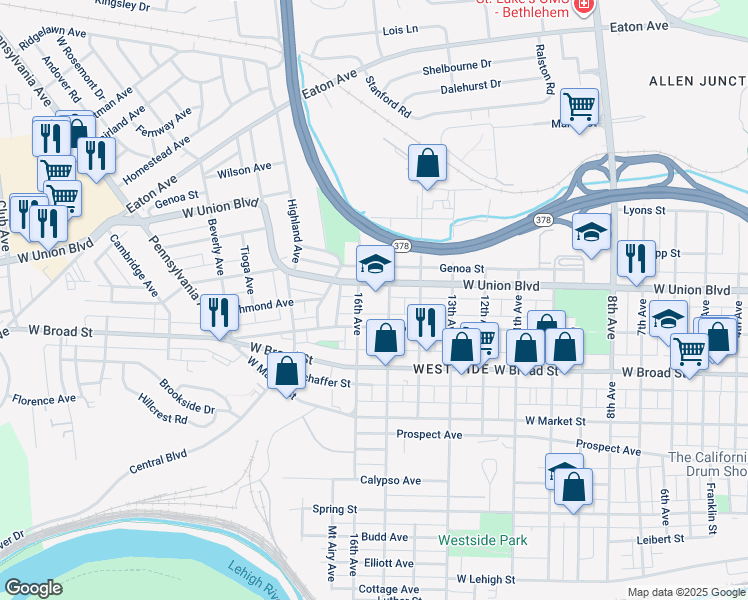map of restaurants, bars, coffee shops, grocery stores, and more near 1607 West Union Boulevard in Bethlehem