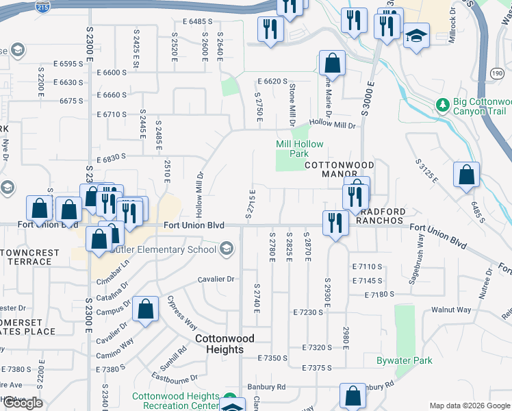 map of restaurants, bars, coffee shops, grocery stores, and more near 6945 South 2715 East in Cottonwood Heights