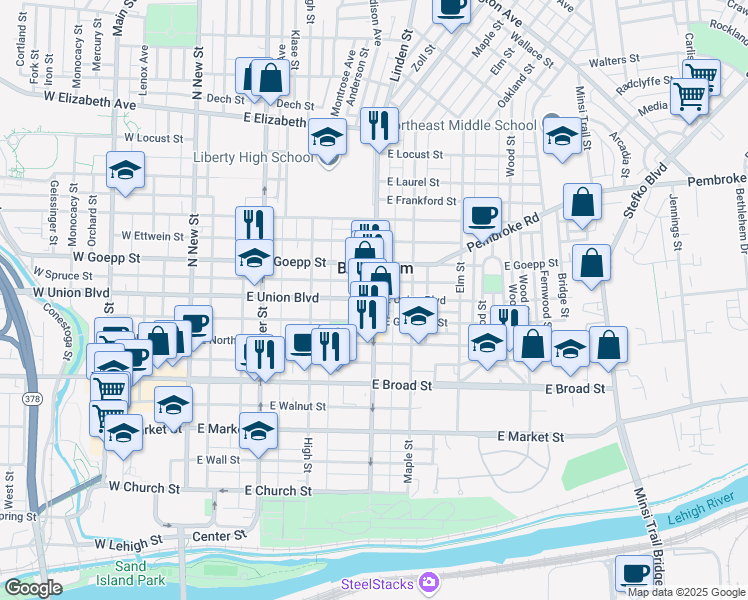 map of restaurants, bars, coffee shops, grocery stores, and more near East Union Boulevard in Bethlehem