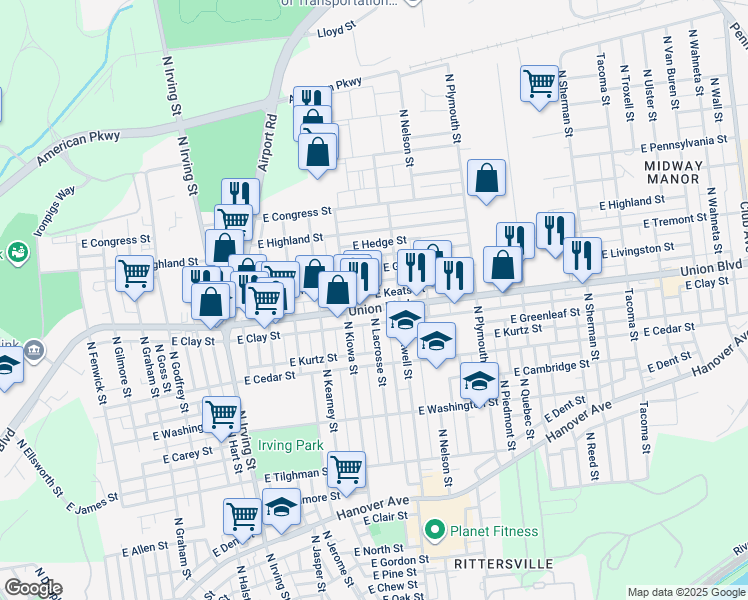 map of restaurants, bars, coffee shops, grocery stores, and more near 1201 Union Blvd in Allentown