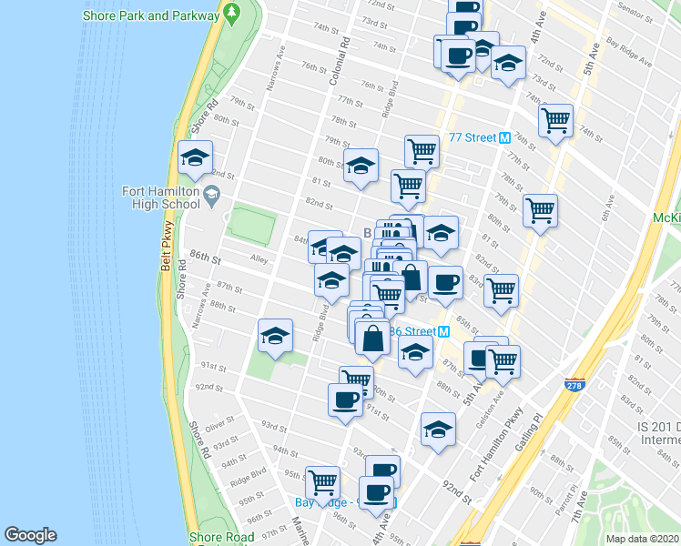 map of restaurants, bars, coffee shops, grocery stores, and more near 205 85th Street in Brooklyn