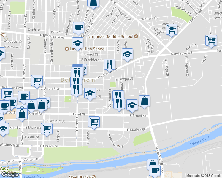 map of restaurants, bars, coffee shops, grocery stores, and more near 754 Dellwood Street in Bethlehem