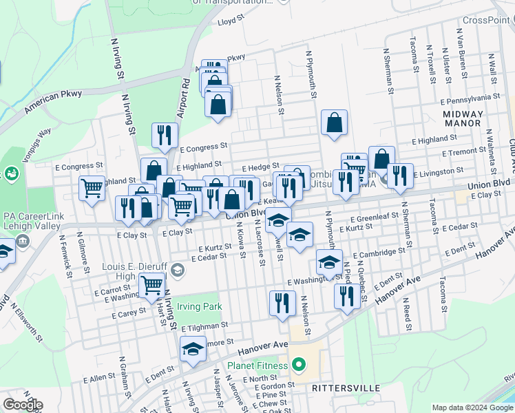 map of restaurants, bars, coffee shops, grocery stores, and more near 1201 Union Blvd in Allentown
